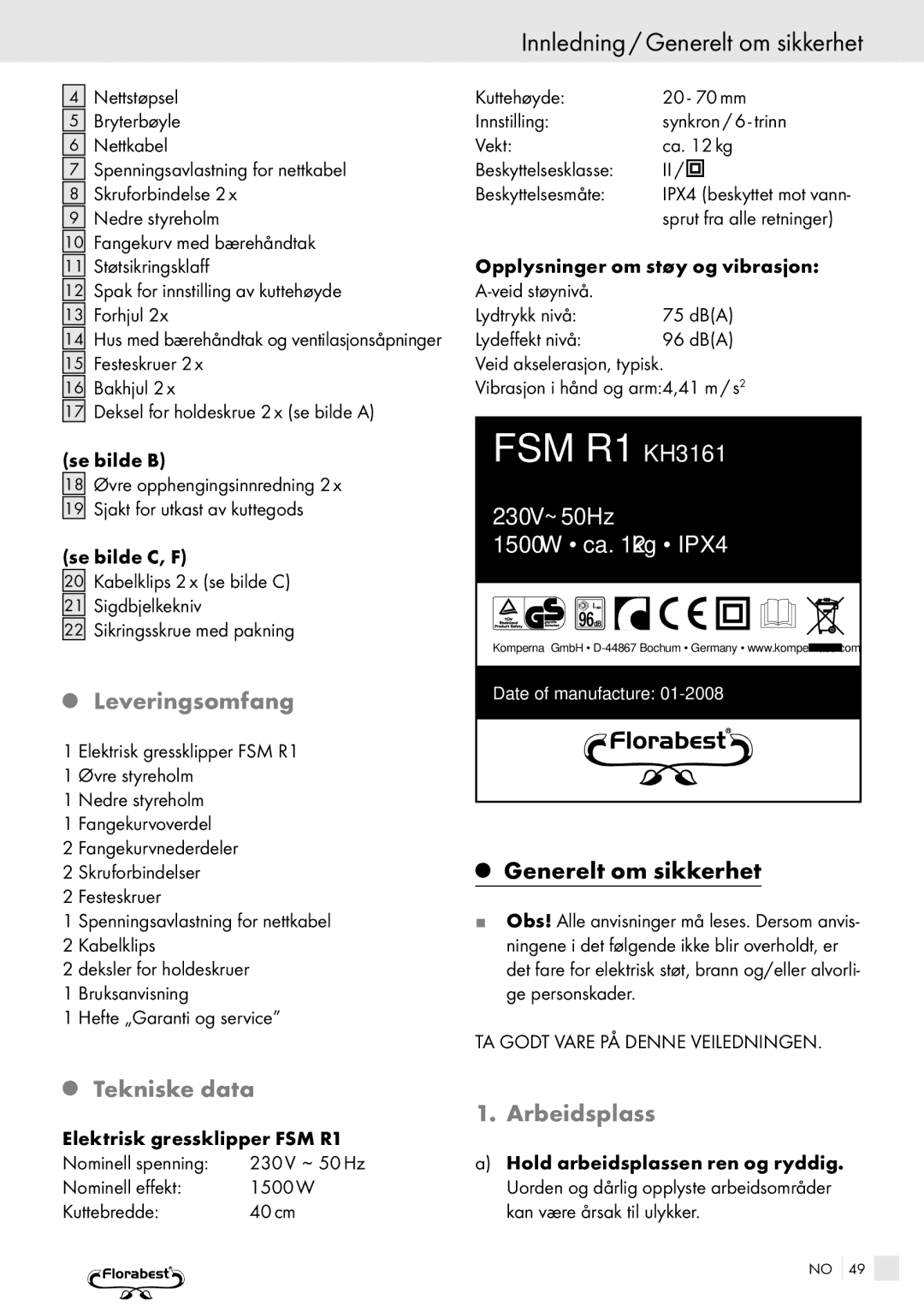 Kompernass FSM R1 manual Innledning / Generelt om sikkerhet, Leveringsomfang, Arbeidsplass 